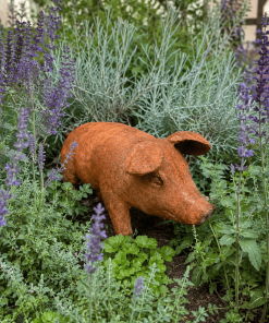 Gusseisen Schwein als Gartendeko im Blumenbeet neben Lavendel